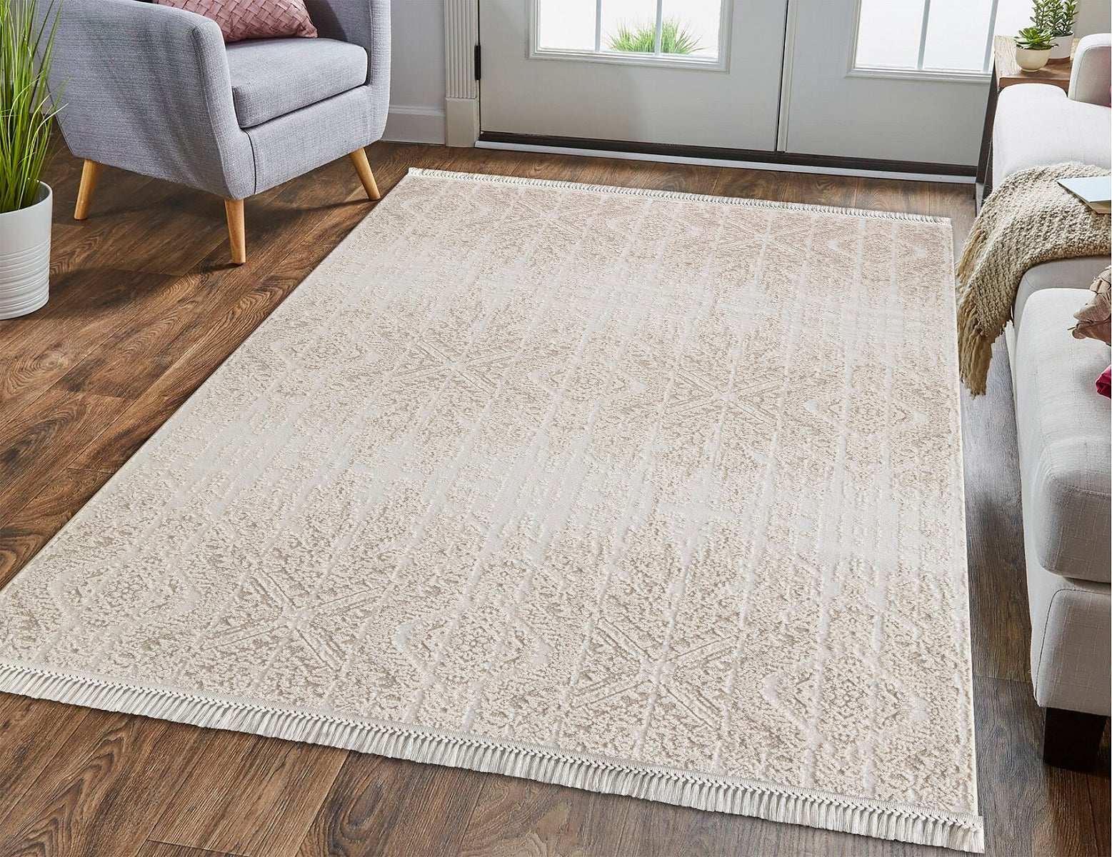 Covor Modern/Geometric Dormitor Crem/Alb din Acril - Aysil 1880A
