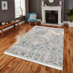 Covor Modern/Floral Dormitor Crem/Albastru din Acril Dreptunghiular Violet 2606A